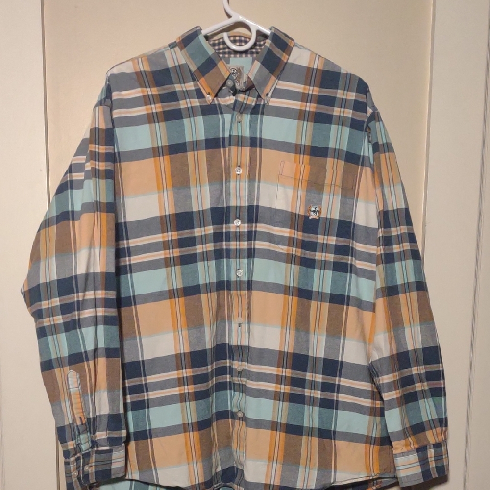 Cinch Men's‎ Large  Plaid Blue/Orange/White Long Sleeve Button Down Shirt